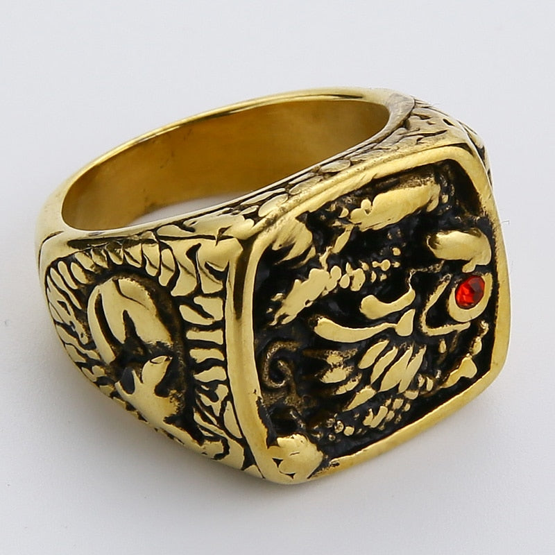 Valily Men Gold Black Ring Gold Raising Dragon With Red Stone Eye Ring Vintage Stainless Steel Punk Finger Ring Jewelry For Men