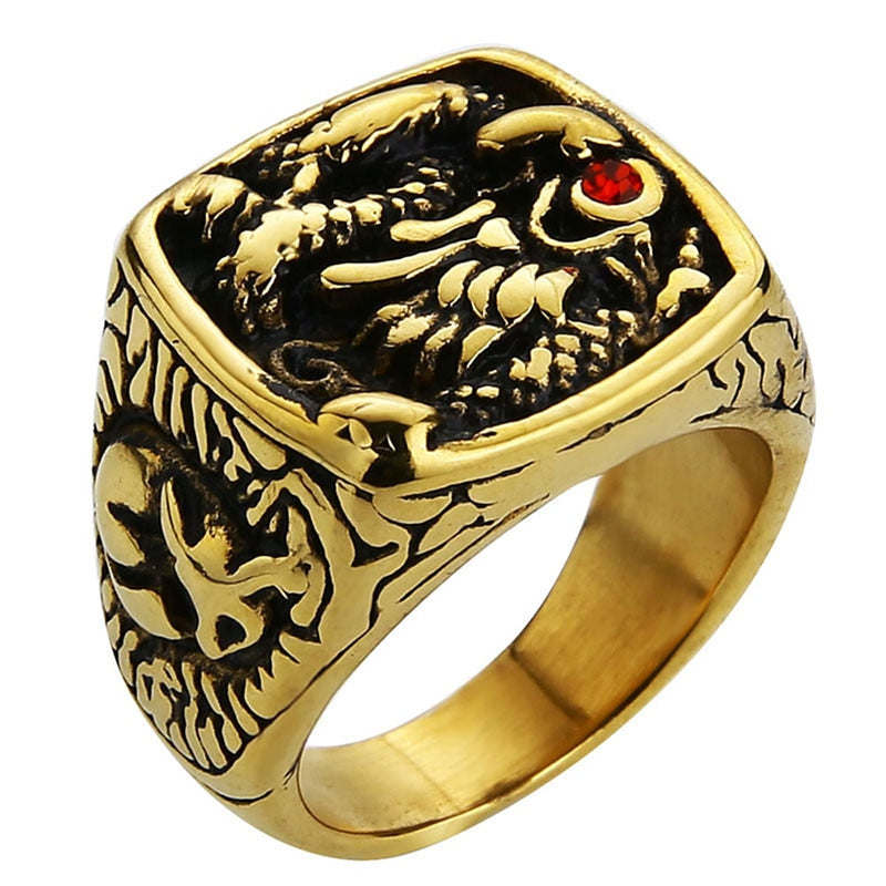 Valily Men Gold Black Ring Gold Raising Dragon With Red Stone Eye Ring Vintage Stainless Steel Punk Finger Ring Jewelry For Men