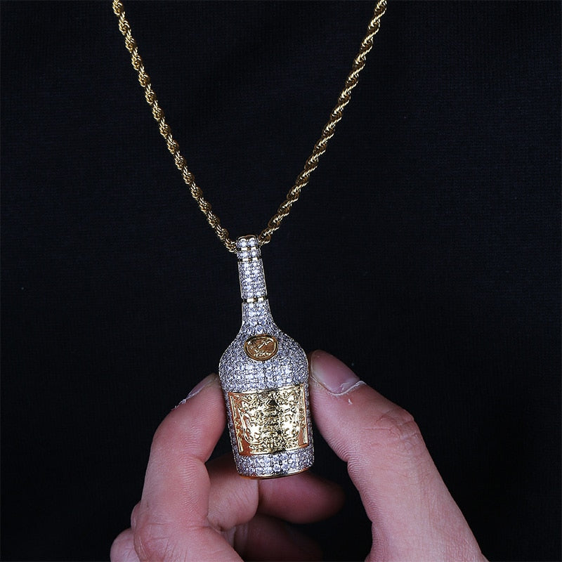 Champagne Bottle Pendant Necklace Mens Charms Jewelry With Tennis Chain Gold Silver Color Chains Necklace Hip Hop Jewelry Gift