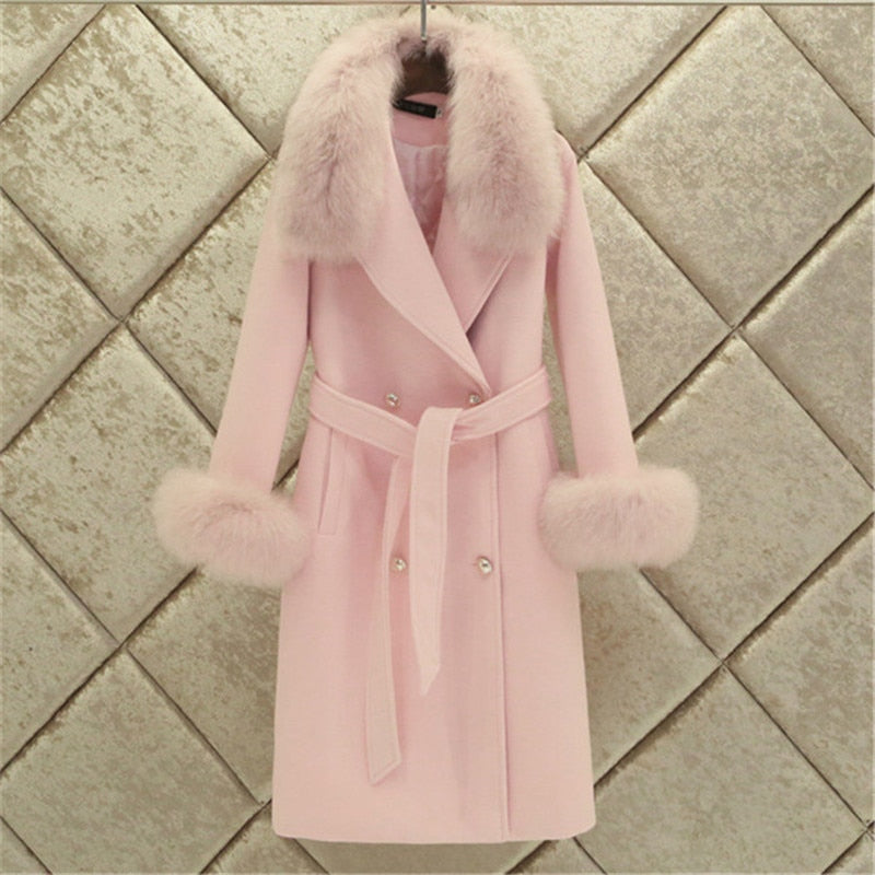 Fashion Women Woolen Coat 2019 Winter New Slim Solid Pocket Double-Breasted Big Fur Collar Thick Warm Woolen Coat Female Outwear