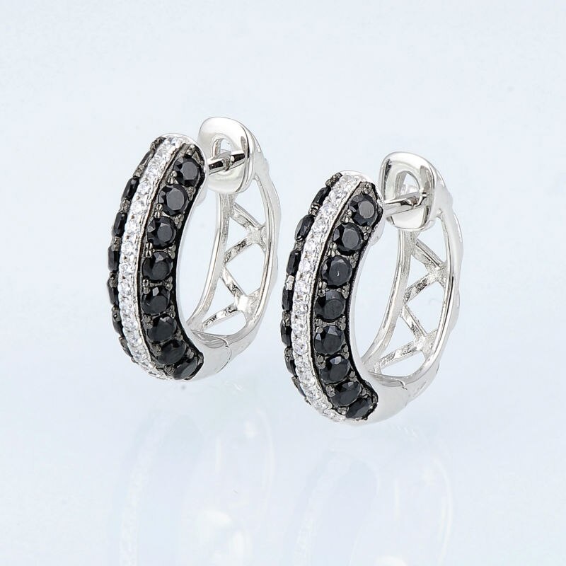 SANTUZZA Jewelry Set For Women Natural Black White CZ Stones Ring Earrings Exquisite Set 925 Sterling Silver Fashion Jewelry Set