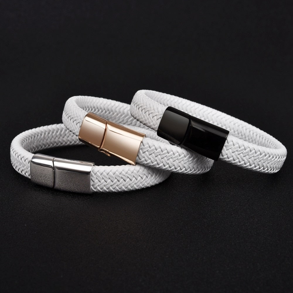 Jiayiqi 2022 Chic Braided Men Bracelet White Leather Bracelet Titanium Steel Clasp Male Jewelry Gold Rose Gold Silver Color