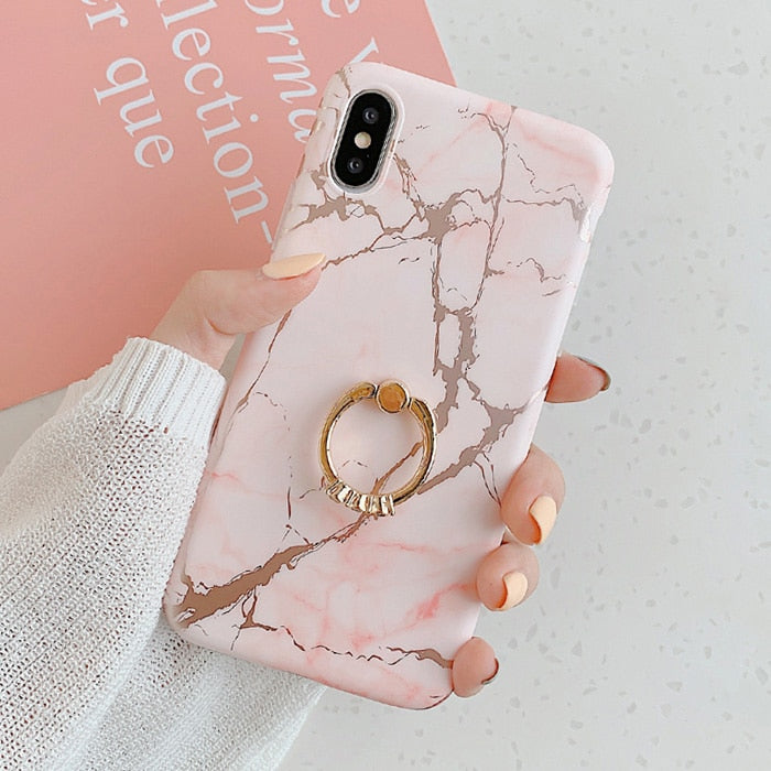 LACK Luxury Diamond Ring Shiny Gold Line laser marble Cases For iphone 13 12Pro Max X XS Max XR 7 8 Plus 11 Soft Stand Cover