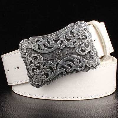 Retro women's belt metal buckle weave Arabesque pattern leather belts jeans trend punk rock strap decoration belt gift for women