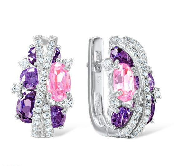 SANTUZZA 925 Silver Jewelry Set for Women Sparkling Purple Amethyst Pink Cubic Zirconia Earrings Ring Set Luxury Fine Jewelry