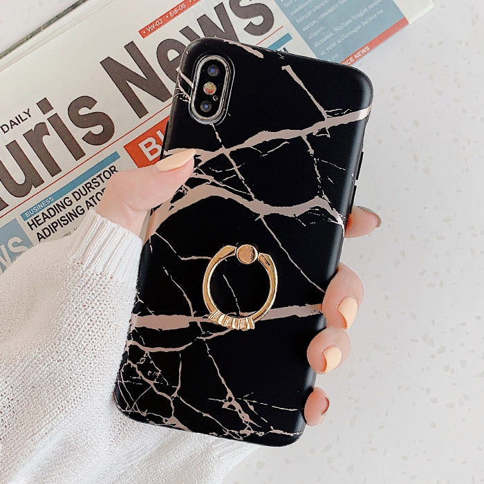 LACK Luxury Diamond Ring Shiny Gold Line laser marble Cases For iphone 13 12Pro Max X XS Max XR 7 8 Plus 11 Soft Stand Cover