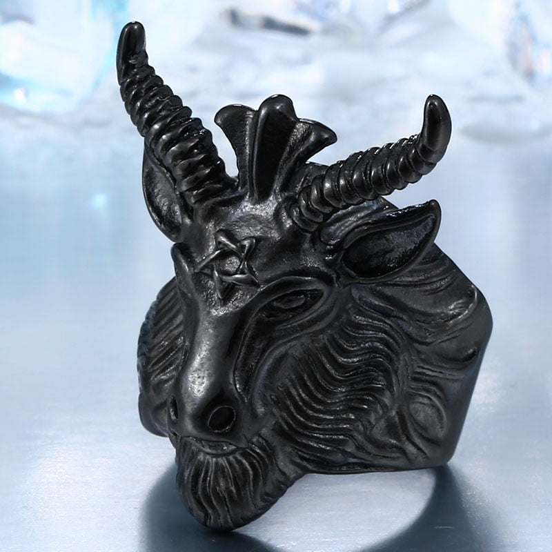 BEIER Vintage Stainless Steel Satan sign pentagram big goat head Ring Biker Punk Animal Jewelry for men free shipping BR8-182