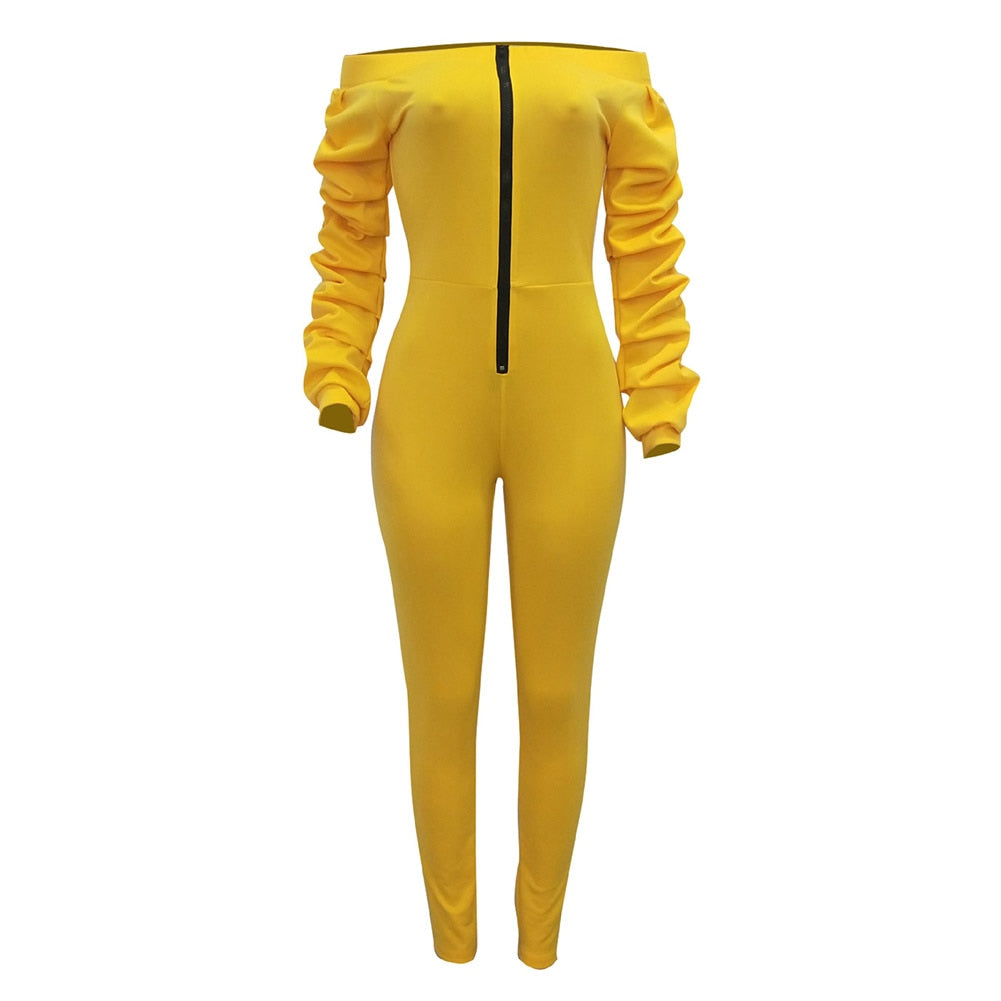 YJSFG HOUSE Women Casual Jumpsuit Zipper Front Slash Neck Off Shoulder Long Puff sleeve Rompers Yellow Overalls Female Jumpsuits