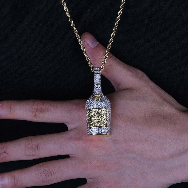 Champagne Bottle Pendant Necklace Mens Charms Jewelry With Tennis Chain Gold Silver Color Chains Necklace Hip Hop Jewelry Gift