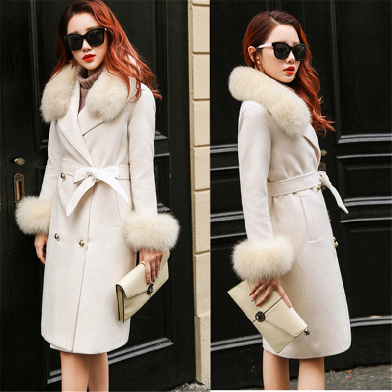 Fashion Women Woolen Coat 2019 Winter New Slim Solid Pocket Double-Breasted Big Fur Collar Thick Warm Woolen Coat Female Outwear