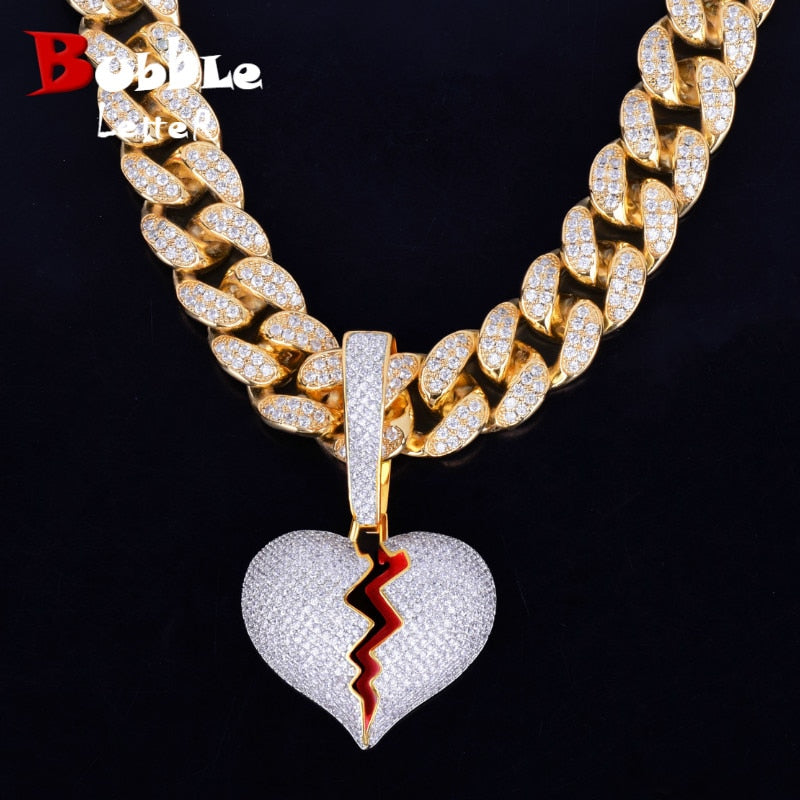 Gold Color Broken Heart Pendants Necklaces Bling AAA Zircon Men&#39;s Hip Hop Jewelry