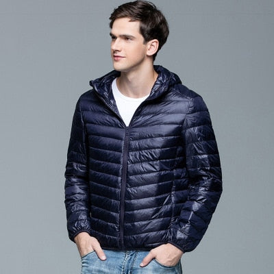 Men Fluffy Winter Coat Fashion Hooded 90% White Duck Down Jackets Ultralight Puffer Down Coat Portable Slim Down Parkas 5XL 6XL