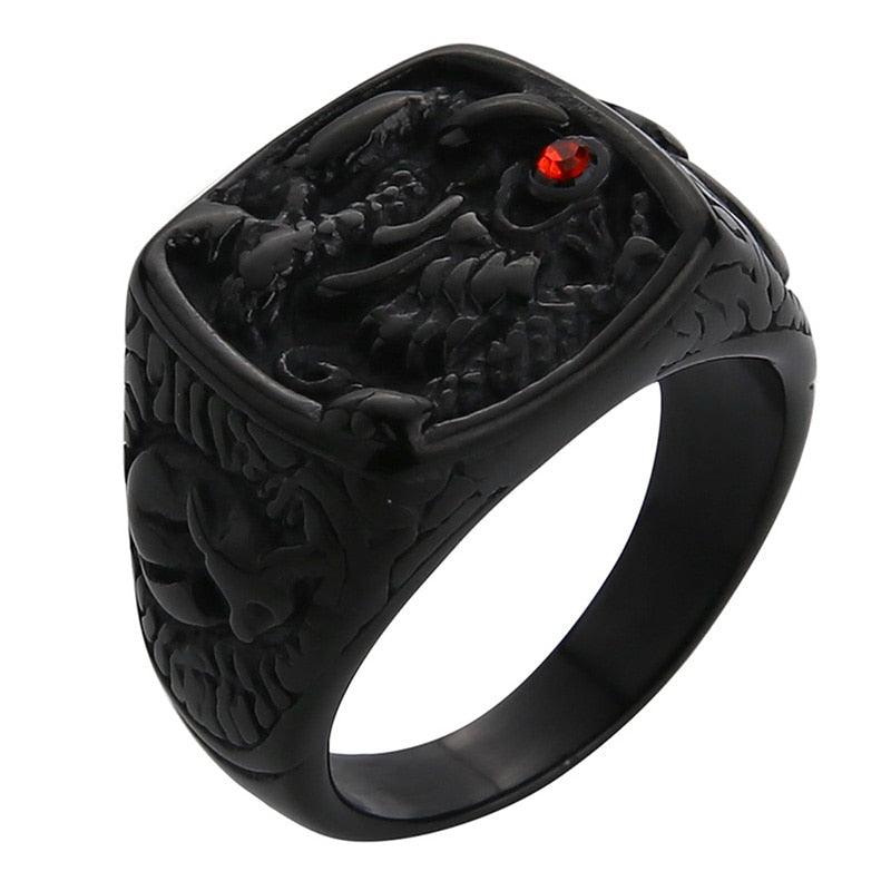 Valily Men Gold Black Ring Gold Raising Dragon With Red Stone Eye Ring Vintage Stainless Steel Punk Finger Ring Jewelry For Men