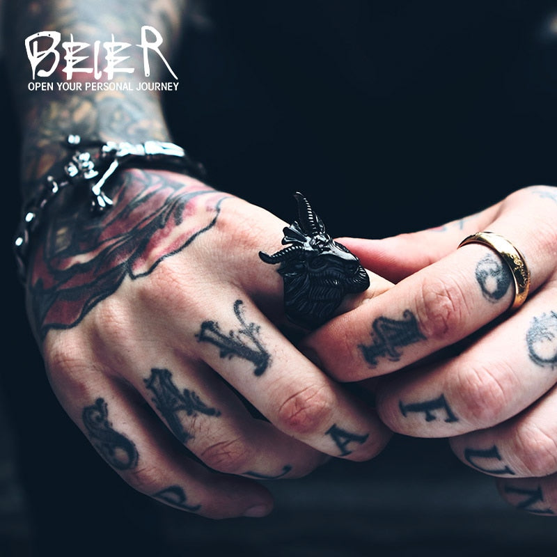 BEIER Vintage Stainless Steel Satan sign pentagram big goat head Ring Biker Punk Animal Jewelry for men free shipping BR8-182