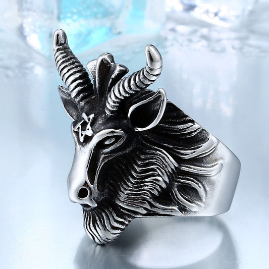 BEIER Vintage Stainless Steel Satan sign pentagram big goat head Ring Biker Punk Animal Jewelry for men free shipping BR8-182