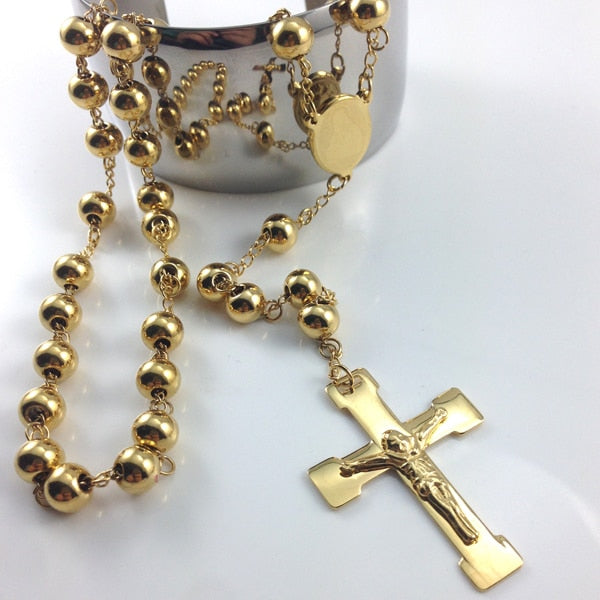 Fashion Jewelry Stainless Steel Rosary Necklace, Virgin Cross Of Jesus Pendant Necklaces , Heavy Gold Color Hip hop Men Jewelry