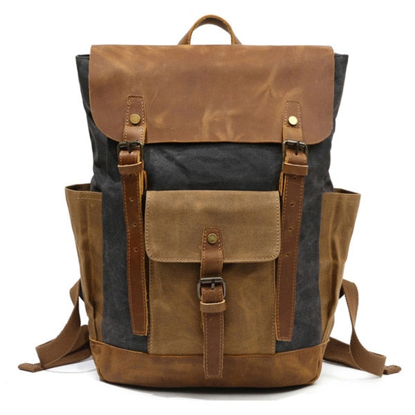 Waterproof Oil Wax Canvas with Crazy Horse Cow Leather Backpacks Vintage Unisex Travel Rucksacks 15&quot; Laptop Daypacks