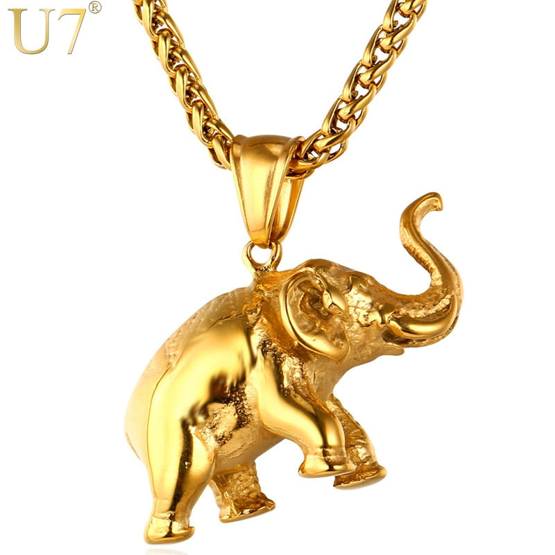 U7 Stainless Steel Gold Color Elephant Necklace Trendy Men Jewelry Charm Pendant & Chain Animal Lucky Jewelry Gift P755