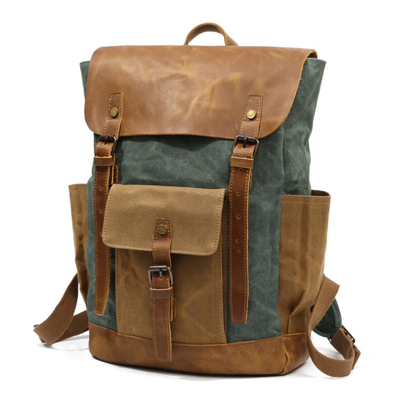 Waterproof Oil Wax Canvas with Crazy Horse Cow Leather Backpacks Vintage Unisex Travel Rucksacks 15&quot; Laptop Daypacks