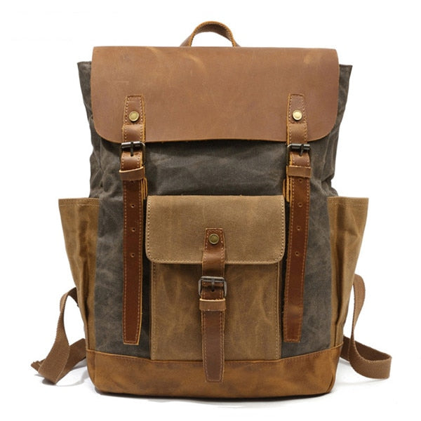 Waterproof Oil Wax Canvas with Crazy Horse Cow Leather Backpacks Vintage Unisex Travel Rucksacks 15&quot; Laptop Daypacks