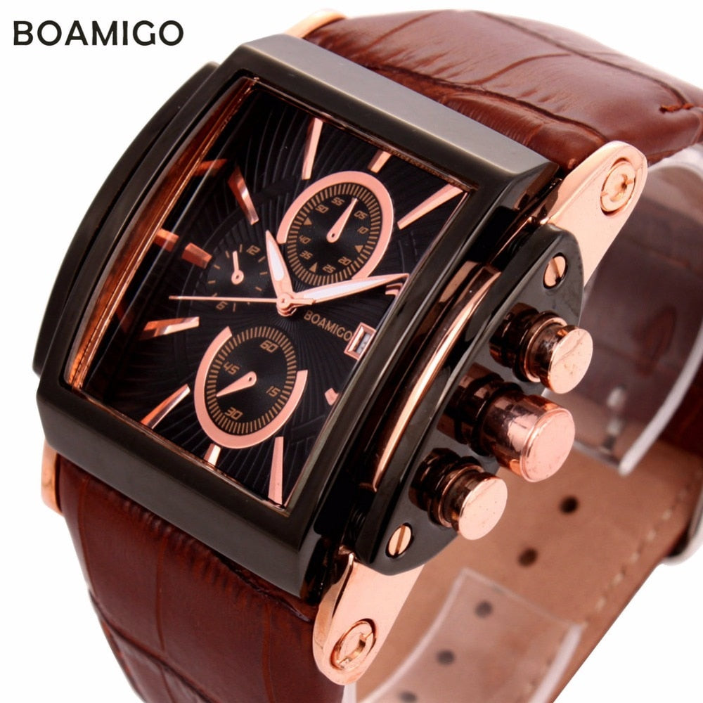 BOAMIGO men quartz watches large dial fashion casual sports watches rose gold sub dials clock brown leather male wrist watches