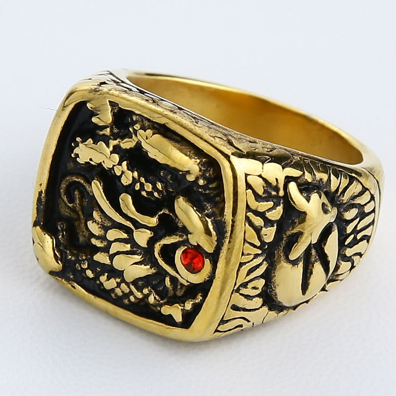 Valily Men Gold Black Ring Gold Raising Dragon With Red Stone Eye Ring Vintage Stainless Steel Punk Finger Ring Jewelry For Men