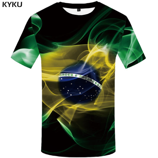 KYKU Brazil Tshirt Men Green Flame T-shirt Hip Hop Tee Black Print T Shirt 3d Gothic Punk Rock Mens Clothing Summer Streetwear