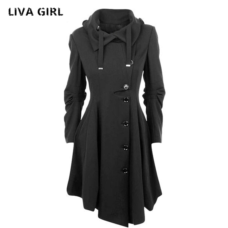 Fashion Long Medieval Trench Woolen Coat Women Winter Black Stand Collar Gothic Overcoat Elegant Women Coat Vintage Female