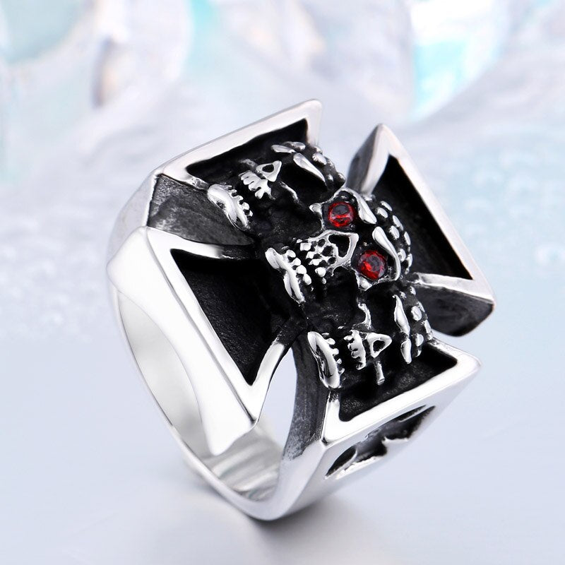 BEIER Fine Jewelry Punk Cool Cross Titanium Steel Man's High Quality Red Eye Skull Ring Vitage jewelry For man  BR8-214