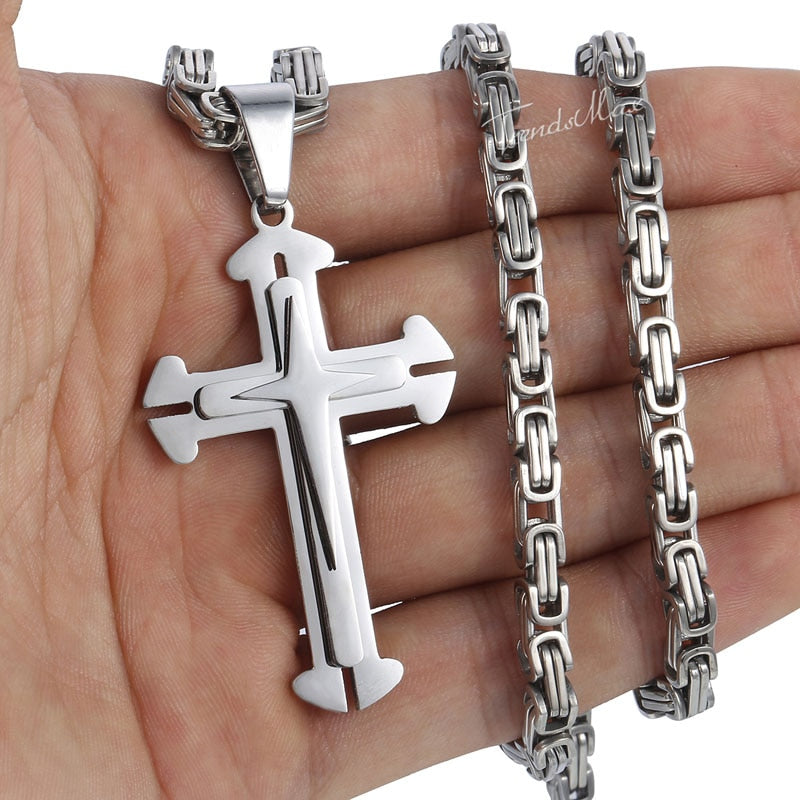 Men&#39;s Cross Necklace Gold Color Black Cross Pendant Stainless Steel Byzantine Chain Necklace 2020 Hip Hop Male Jewelry KP180