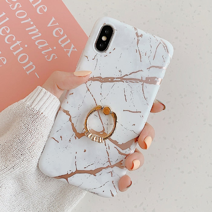 LACK Luxury Diamond Ring Shiny Gold Line laser marble Cases For iphone 13 12Pro Max X XS Max XR 7 8 Plus 11 Soft Stand Cover