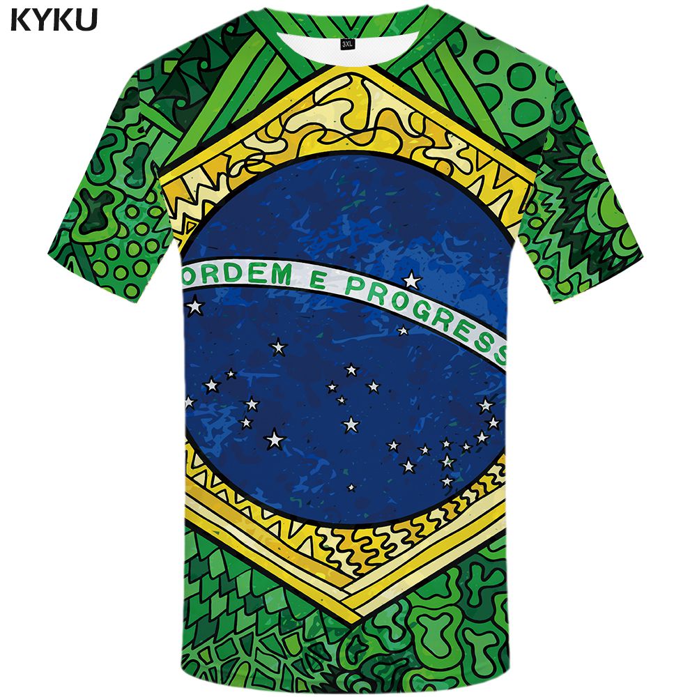 KYKU Brazil Tshirt Men Green Flame T-shirt Hip Hop Tee Black Print T Shirt 3d Gothic Punk Rock Mens Clothing Summer Streetwear