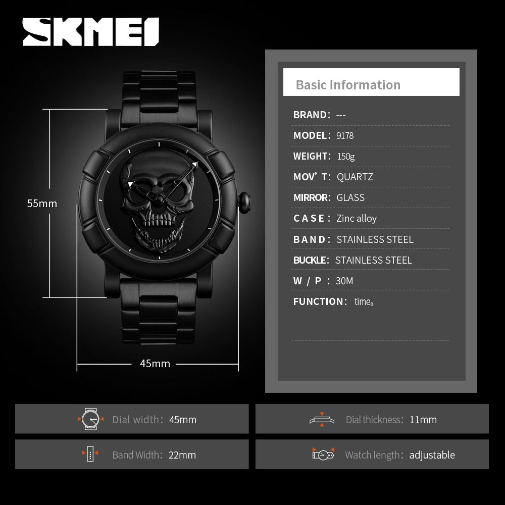 SKMEI Fashion Sport Mens Watches Top Brand Luxury Skull Watch Men 3Bar Waterproof Quartz Wristwatches Relogio Masculino 9178