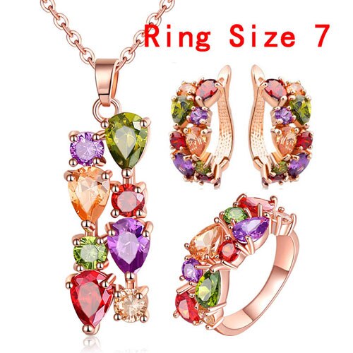 Manxiuni New Top Rose Gold Color Flower Jewelry Set Multicolor Cubic Zircon Pendant/Earrings/Ring Women Wedding Jewelry Sets