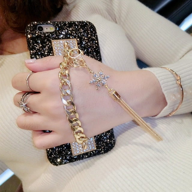 Phone Case for iPhone 11 12 13 Pro X XS MAX XR Bling Luxury Rhinestone Chain Girls Cover Back Tassel Case for iPhone 6 7 8 Plus