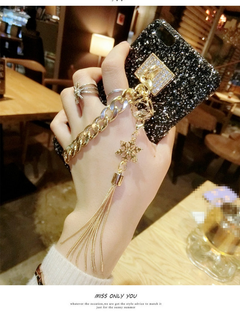 Phone Case for iPhone 11 12 13 Pro X XS MAX XR Bling Luxury Rhinestone Chain Girls Cover Back Tassel Case for iPhone 6 7 8 Plus