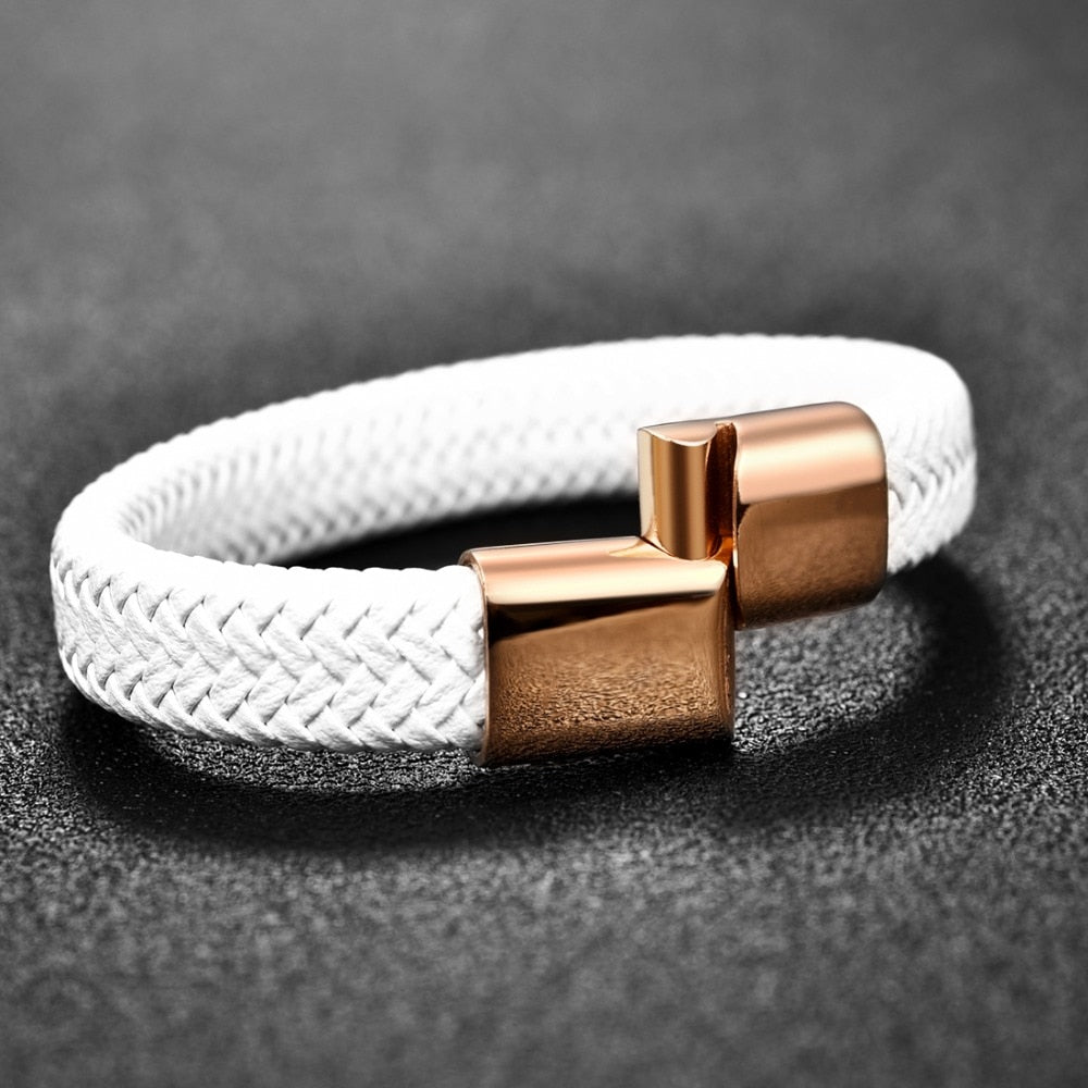 Jiayiqi 2022 Chic Braided Men Bracelet White Leather Bracelet Titanium Steel Clasp Male Jewelry Gold Rose Gold Silver Color