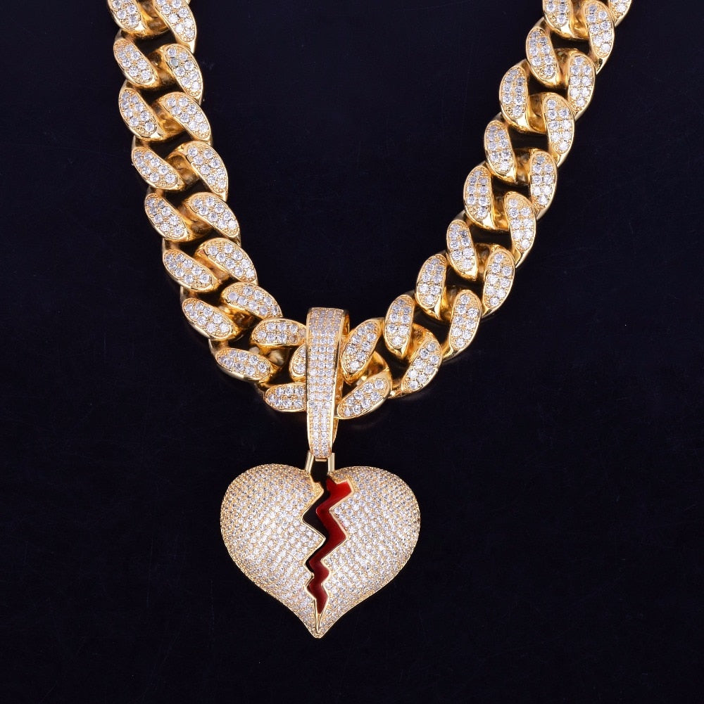 Gold Color Broken Heart Pendants Necklaces Bling AAA Zircon Men&#39;s Hip Hop Jewelry