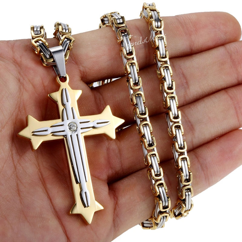 Men&#39;s Cross Necklace Gold Color Black Cross Pendant Stainless Steel Byzantine Chain Necklace 2020 Hip Hop Male Jewelry KP180