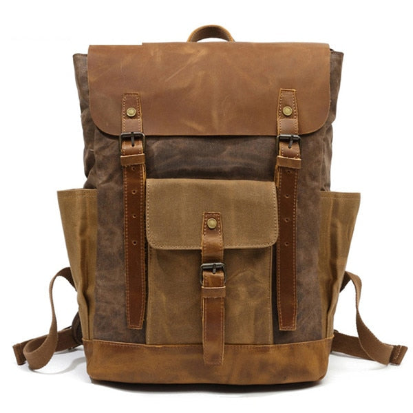 Waterproof Oil Wax Canvas with Crazy Horse Cow Leather Backpacks Vintage Unisex Travel Rucksacks 15&quot; Laptop Daypacks