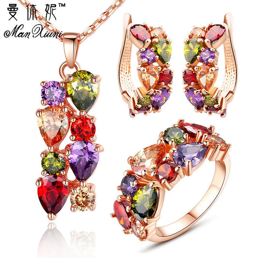 Manxiuni New Top Rose Gold Color Flower Jewelry Set Multicolor Cubic Zircon Pendant/Earrings/Ring Women Wedding Jewelry Sets