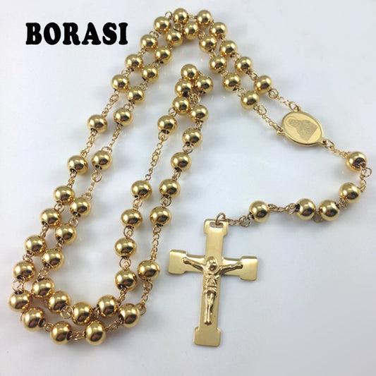 Fashion Jewelry Stainless Steel Rosary Necklace, Virgin Cross Of Jesus Pendant Necklaces , Heavy Gold Color Hip hop Men Jewelry