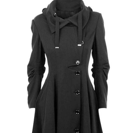 Fashion Long Medieval Trench Woolen Coat Women Winter Black Stand Collar Gothic Overcoat Elegant Women Coat Vintage Female