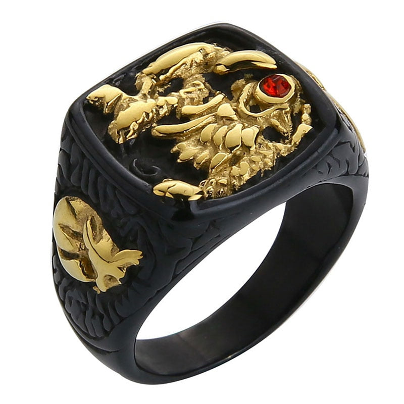 Valily Men Gold Black Ring Gold Raising Dragon With Red Stone Eye Ring Vintage Stainless Steel Punk Finger Ring Jewelry For Men