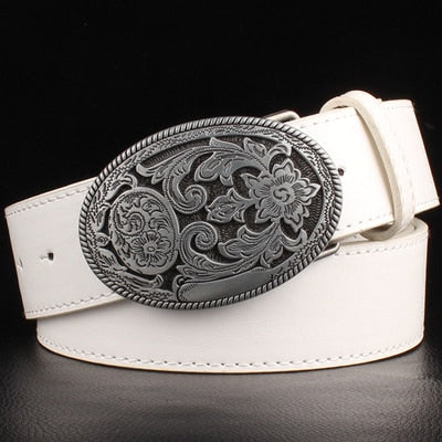 Retro women's belt metal buckle weave Arabesque pattern leather belts jeans trend punk rock strap decoration belt gift for women