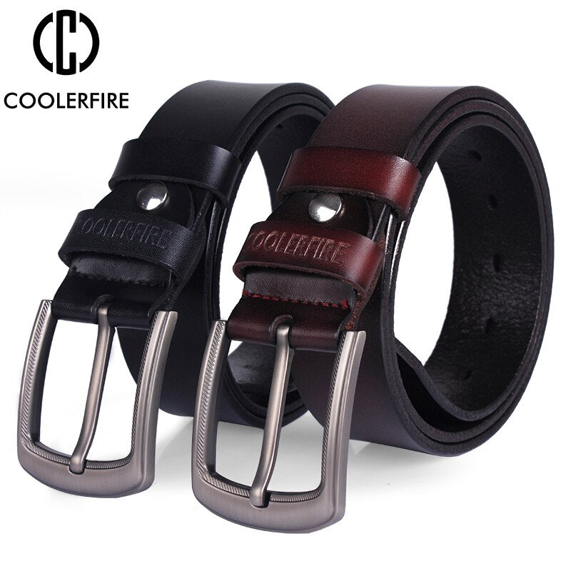 COOLERFIRE Genuine leather belt with pin buckle designer belts for men cowskin fashion  jeans Strap male brown black belts