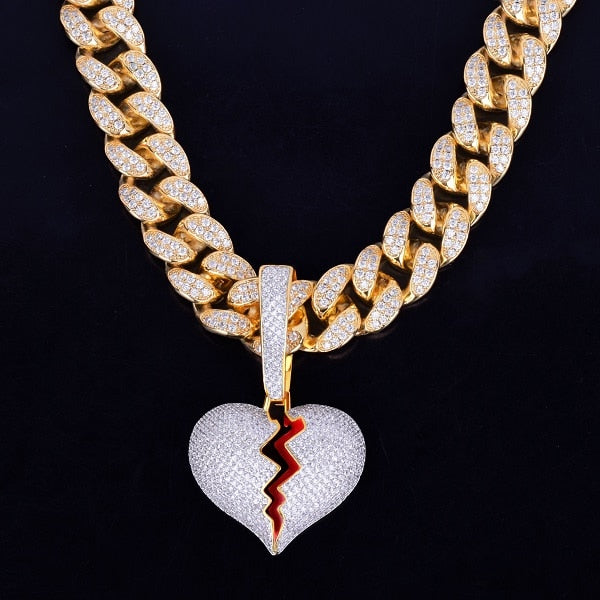 Gold Color Broken Heart Pendants Necklaces Bling AAA Zircon Men&#39;s Hip Hop Jewelry