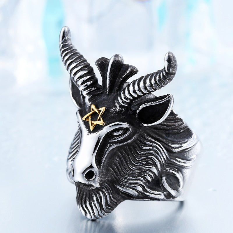 BEIER Vintage Stainless Steel Satan sign pentagram big goat head Ring Biker Punk Animal Jewelry for men free shipping BR8-182