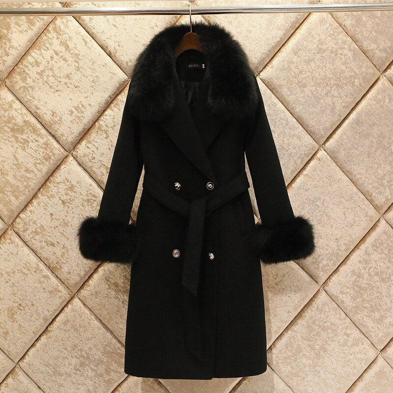 Fashion Women Woolen Coat 2019 Winter New Slim Solid Pocket Double-Breasted Big Fur Collar Thick Warm Woolen Coat Female Outwear