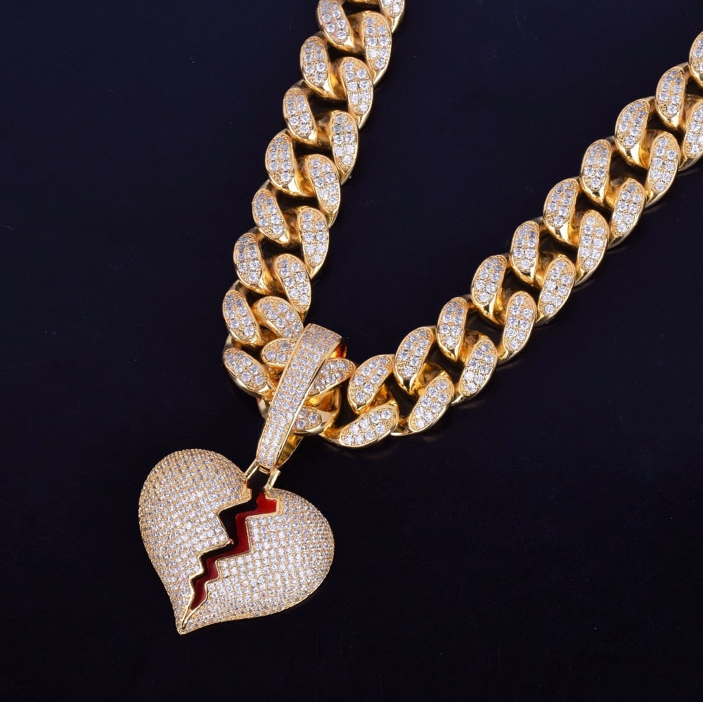 Gold Color Broken Heart Pendants Necklaces Bling AAA Zircon Men&#39;s Hip Hop Jewelry